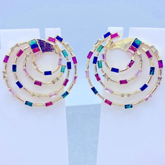 Jewelry - Natasha Couture Rainbow CZ Pinwheel Gold Tone Pierced Earrings MultiColor Stones